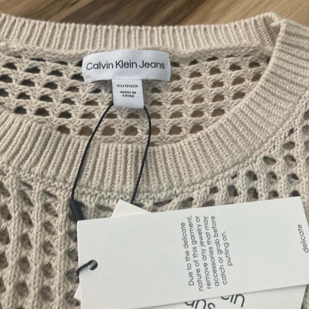 Calvin Klein Womens Knitted Beige Netted Long Sleeve Top Xs Nwt - Picture 2 of 5